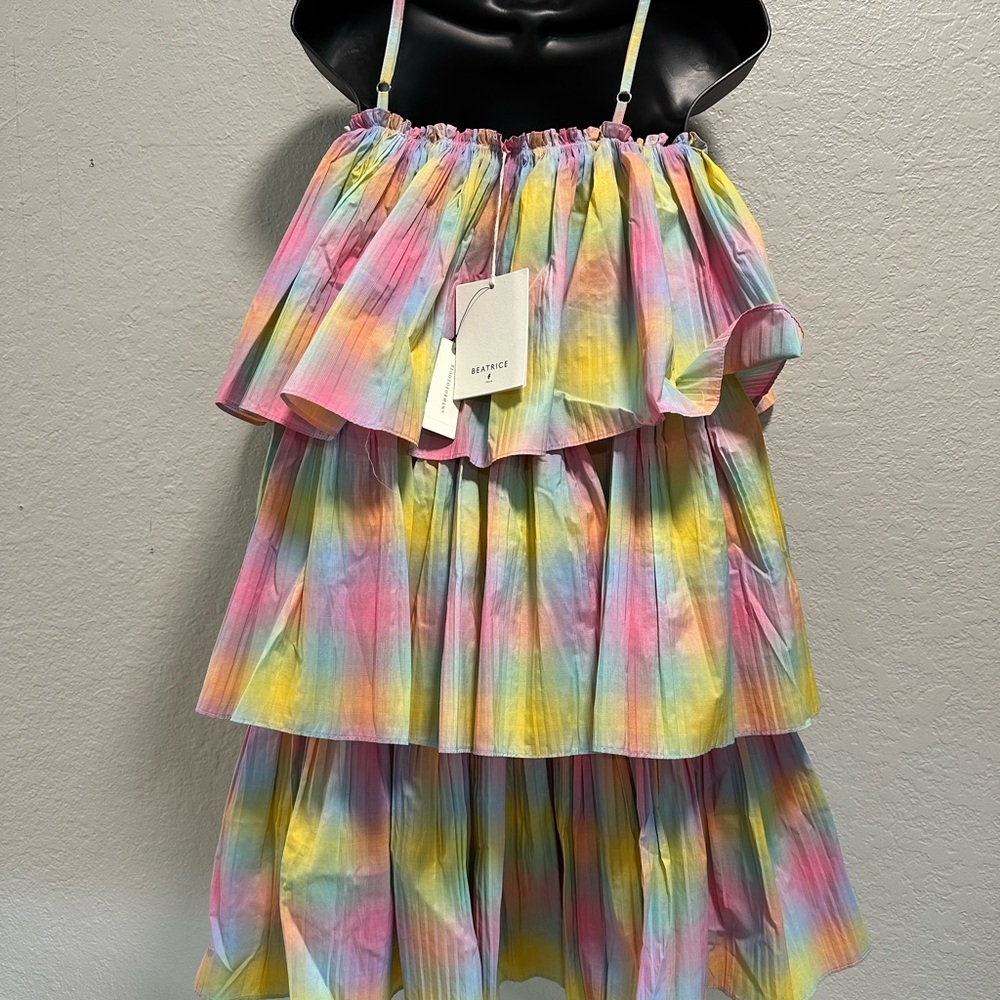 NWT Beatrice B Rainbow Fusion Pleated Square Neck Tiered Dress 4 - Picture 8 of 8